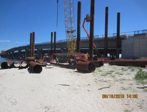 Temporary Steel Falsework being installed on the north side of the new westbound Lesner Bridge and west of Lynnhaven Inlet